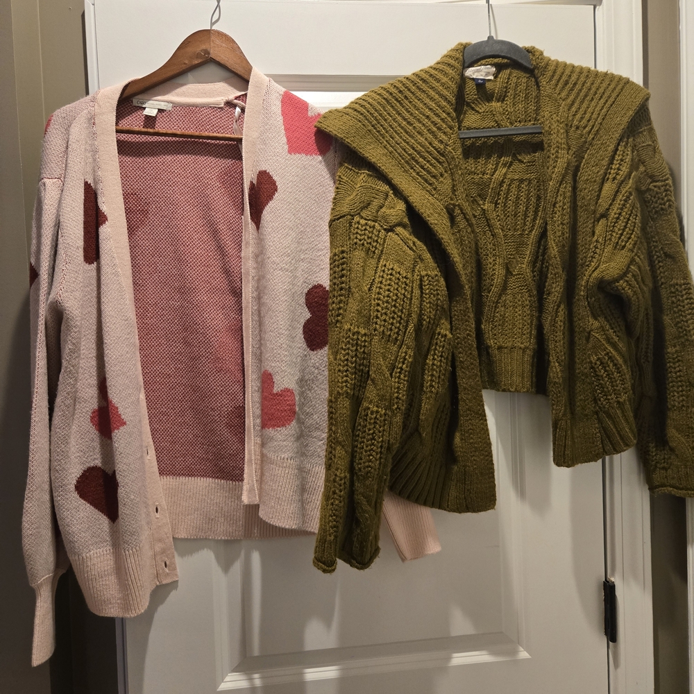 Olive Green and Pink Heart Women's Sweater Set